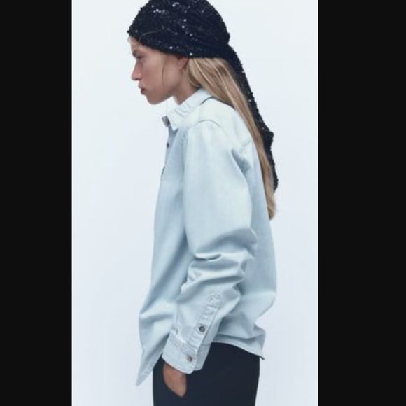 ZARA | Casual Style Long Sleeves Plain DENIM Cotton Medium Elegant Style - Picture 2 of 8